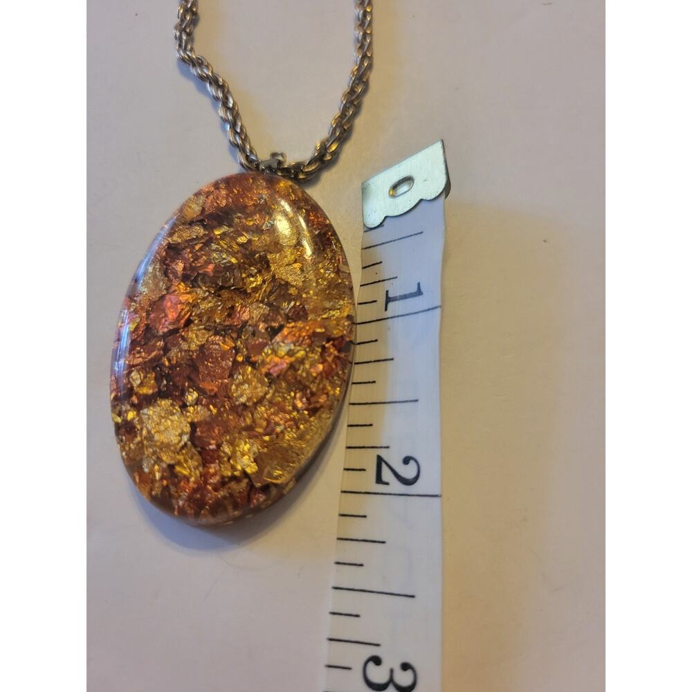 Vintage Estate Necklace Orange Gold‎ flake Cabochon Oval Resin Pendant Jewelry - Picture 5 of 6